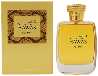 Hawas For Her eau de parfum beside its gold snakeskin-print carton.