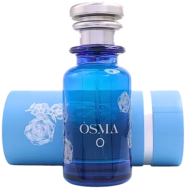 ŌSMA O eau de parfum, cobalt glass bottle with its cylindrical carton.